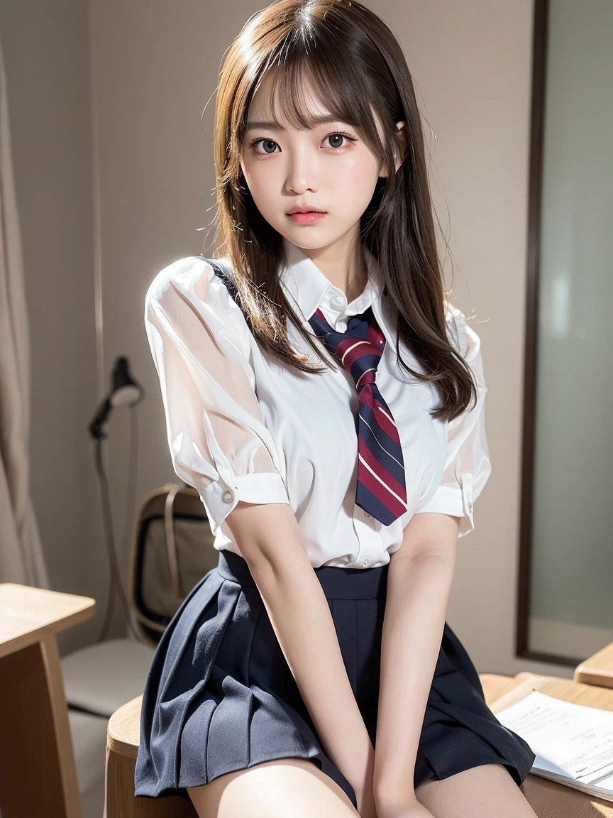 ((Highest quality, 8k, masterpiece: 1.3, One girl, beautiful girl)), cute, dynamism, Detailed face, Detailed skin, Detailed clothing, Detailed eyes, Detailed lips, Detailed tongue, Detailed fingers, Mouth details, Realistic, RAW Photos, High resolution, Natural light, Dynamic pose, Perfect Anatomy, Toned Legs, double eyelid, Tear bags, Round eyes, Moisturized lips, Sweaty, ((This passage, Marine Kitagawa)) Blonde and pink hair, Metal collar, ear Earrings, Earrings, Long Hair, Earrings, Red Eyes, Straight hair, Swept-apart bangs, Gradient Hair, School uniforms, White shirt, tie, Checkered Pleated Skirt, Ecstatic face, Ahegao, Drooling, View your viewers, (pantyhose, Pull down your panties, Grab your own chest), In the classroom at sunset, pubic hair