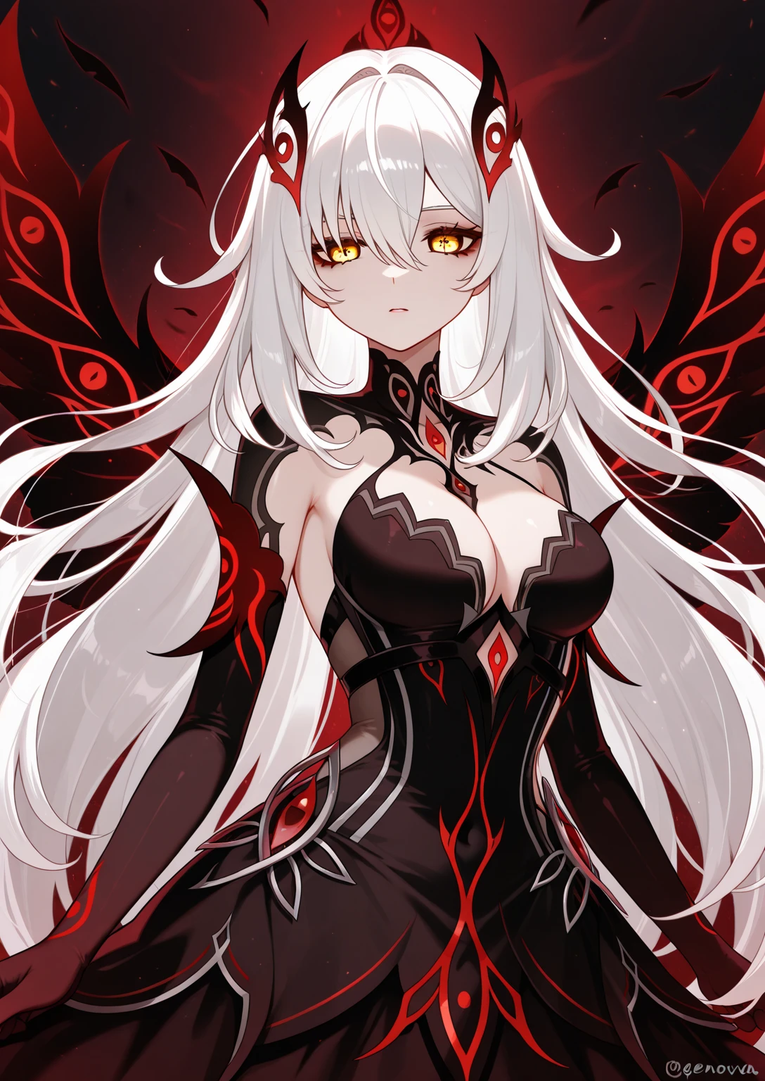 Monster girl with Bone tentacles, She has shiny red eyes with white hair, She has tiny breasts, Small breasts, Flat bust, She is wearing demonic costume, Glowing robe, Blood is dripping from her eyes, Bleeding scars, White bone tentacles