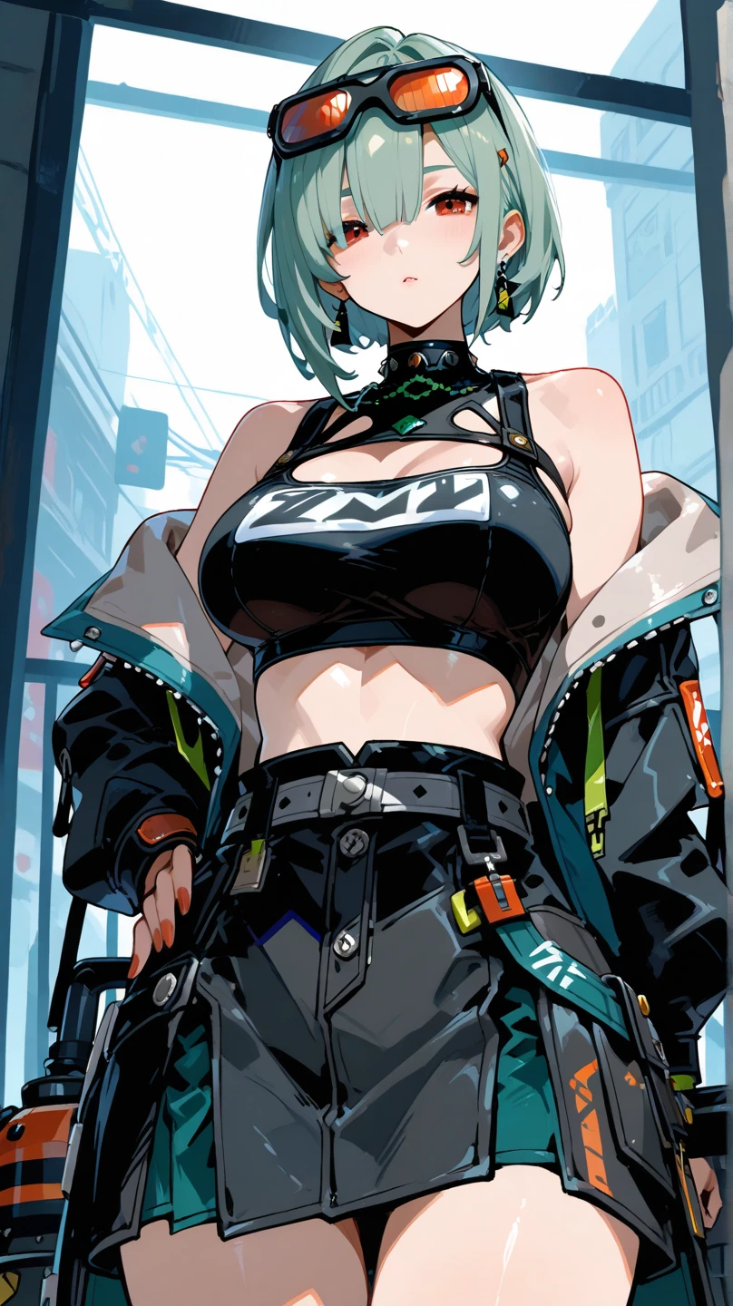 Masterpiece, highres, high Quality, detailed face, detailed body render, 1girl, solo, hyuuga hinata, hinata-sleeveless-outfit, large breasts, big breast, sleeveless shirt, fishnet top, dark lips, unzipped jacket, no bra, breasts out, nipple, standing, blushes, (on bedroom), rindo avatar from vrchat theme, cyberpunk theme