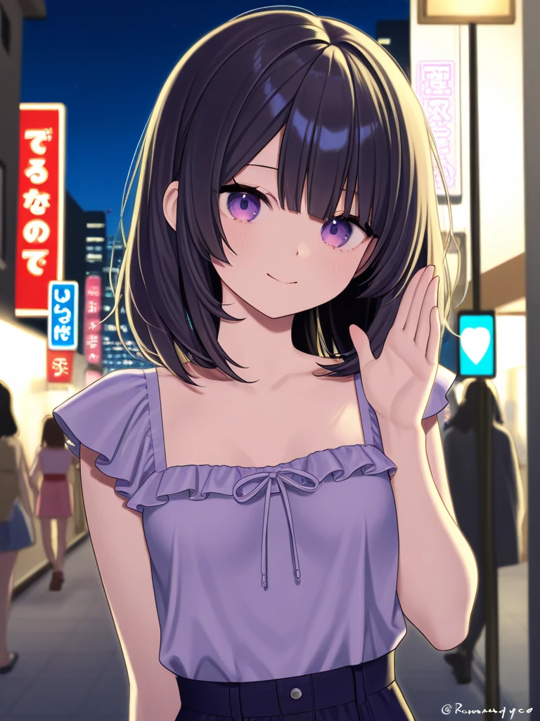 Face focus, portrait, glowing black eyes, Feminine style, a girl, asymmetrical Bangs, Bangs, black hair, OKid, OK, Camera gaze, Smile, night, City, bob hair, abdomen, red lips, shirt, alone, Permanent, OKid, Upper Body, , pink , Perfect body lines, fair kubire, fair, Naughty face