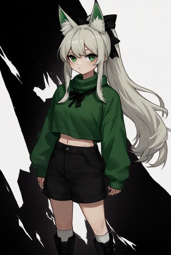 Femme mangas 25 ans cheveux blanc  long yeux vert claire pas de cheveux sur le front. Habillé en col roulé noir  jupe short noir botte noire et chaussette haute qui arrivent au dessus du genou noir  avec un kimono ouvert long un look badass avec une seule boucle d'oreille longue et rouge 