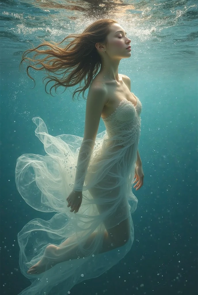 A beautiful woman gracefully gliding through the depths of the ocean, her dress billowing around her like a cloud of bubbles.