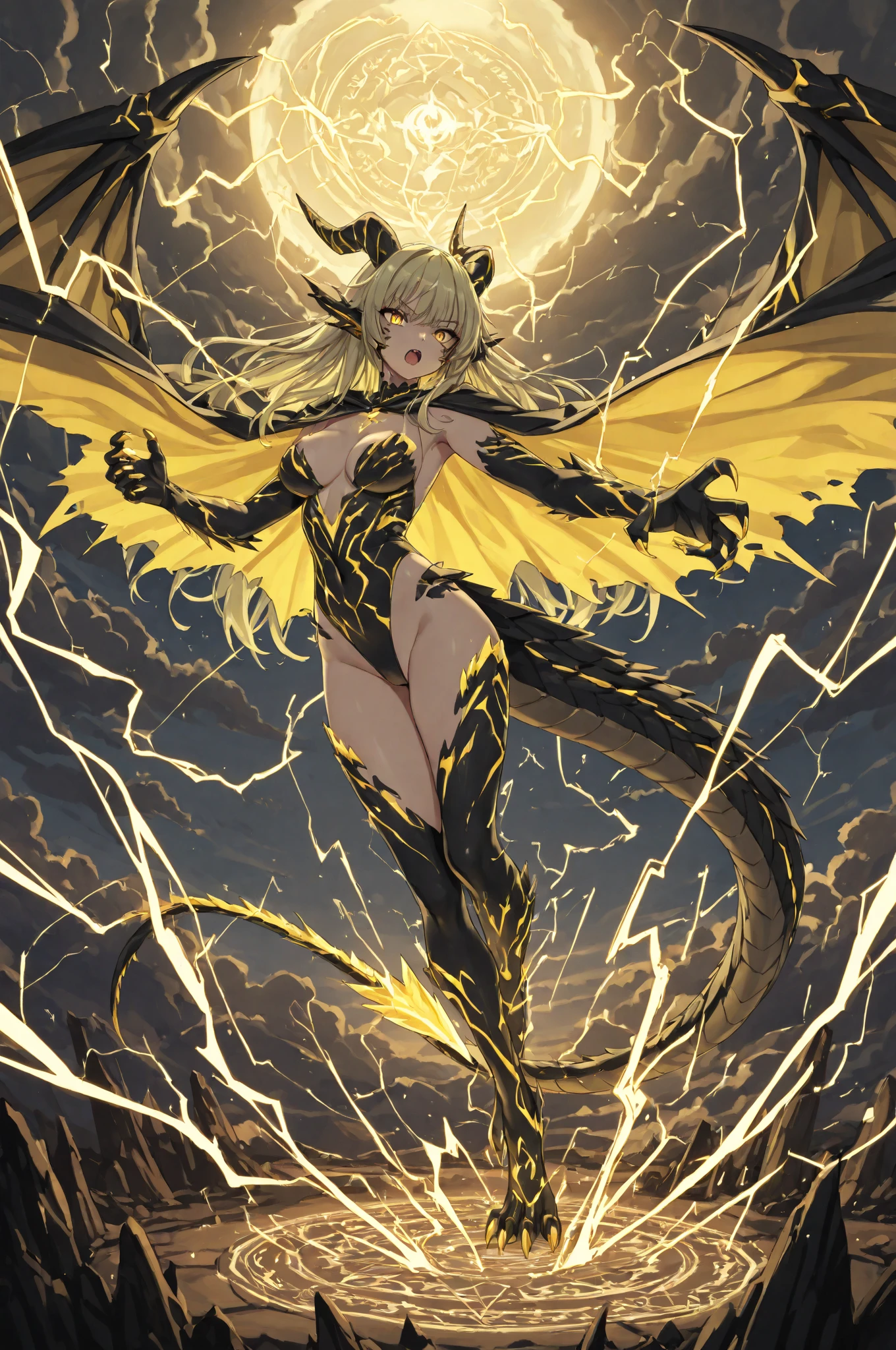 ((Lightning Power)), ((Electricity)), ((Fire Background)), ((Lightning Storm)), ((Power Erupting)),((((android 21 Evil)))), (((white Coat))), (((Busty))), (((((Big breast:1,3)))), luxury bustier corset, (((silver hair))), (((Very slim waist))), propotional body, ((Gorgeous)), (((gold wings))), masterpiece, hyperdetail, ambient effect, digital effect, (((Fangs))), (((FIRE SWORD)), (((Lightning Sword))), (((Fire Gold Armor))), (((Lightning Gold Wings))), (((Fairy Wings))), (((Fire Blazing Horns)))