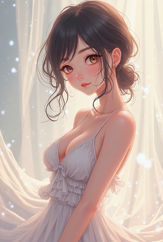 (masterpiece, best quality), 1girl,Honey Short and Messy Hair with Tapered Sides, Size F breasts,  <lora:girllikecampingtent:1> camping tent, open door curtain, pillow hug, frills chiffon pajamas, night