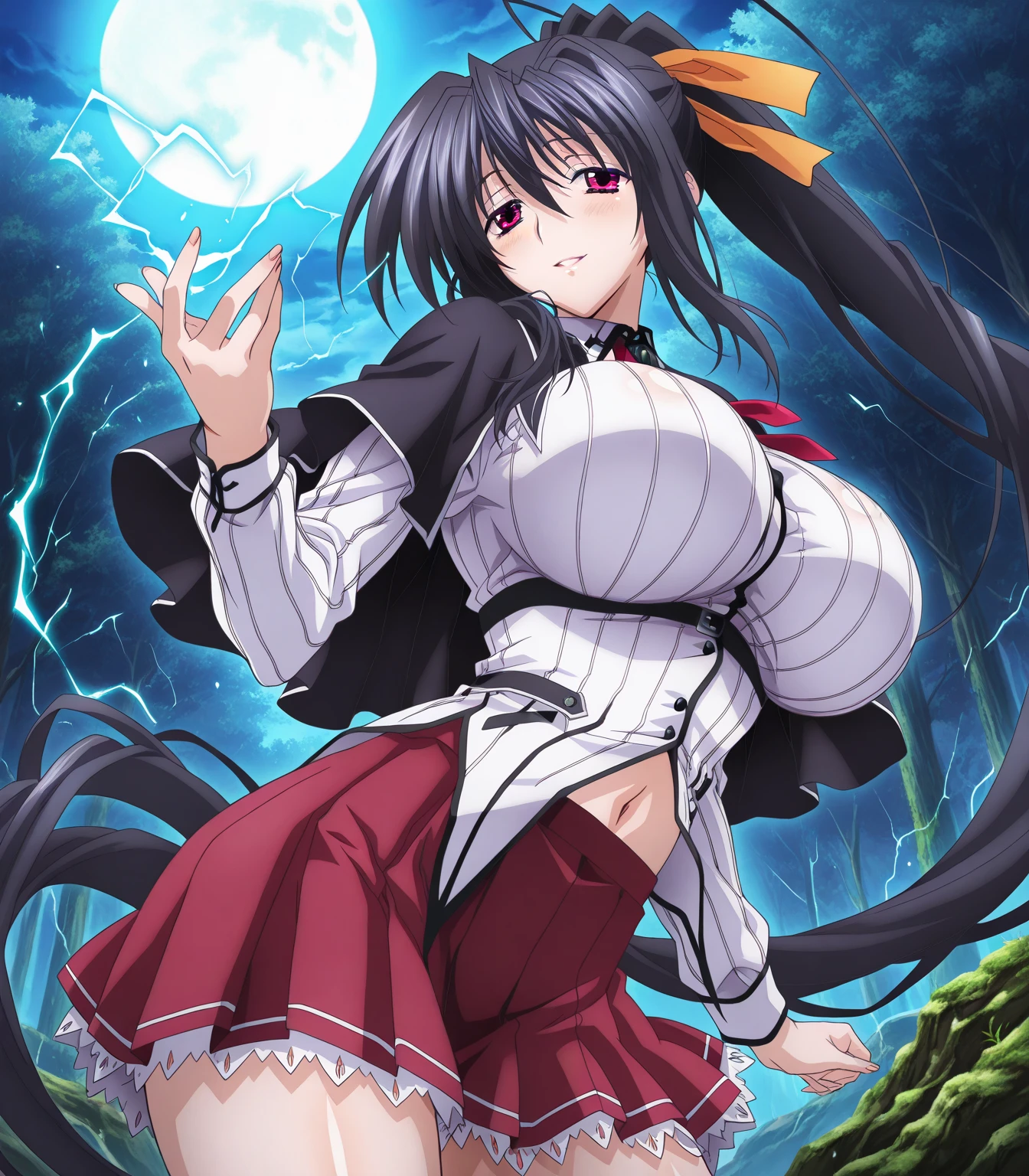 tounoakiha, bangs, sidelocks, black hair, long hair, black hairband, perfect shiny hair, blue eyes, ultra-detailed eyes, iridescent shiny eyes,, , , empty eyes , large breasts, solo, nipple, , Heavy snowfall area,　Freezing (Sweating profusely, Love juice, Wet Woman, female ejaculation), crying ,naked, flooding, lightning, inferno, running, bloodshed, Peeing, lactation, projectile lactation