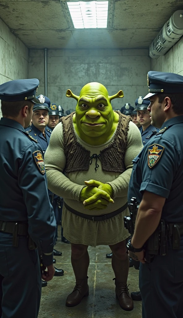Shrek in the prison with policemen 