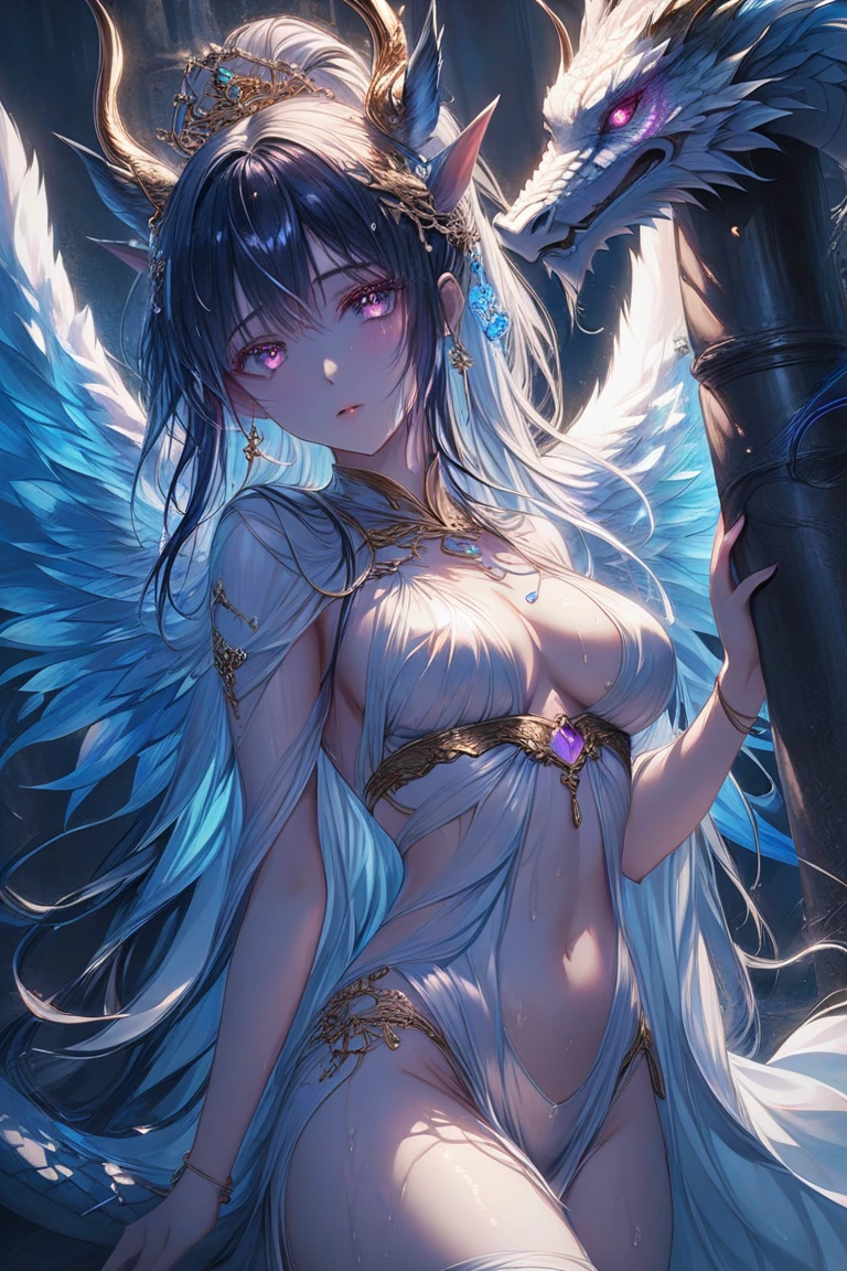 ((top-quality))、((​masterpiece))、(detaileds)、seductive succubus、Fantastic beauty、Perching on the clouds、(fantasy illustrations:1.3)、a captivating gaze、Pose Seductive、Delicate wings、Otherworldly charm、mystical sky、 (by Luis Royo:1.2)、(Yoshitaka Amano:1.1)、Moon Night、soft colors、(Detailed cloudscape:1.3)、(hight resolution:1.2)、one white winged