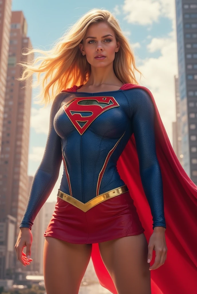 (Best quality, masterpiece, absurdists)), 1girl(supergirl),20 years old, defined body, expressive and blue eyes, huge breasts, Short Dress Loose Jacket Viscose Single Front,vestido frente única