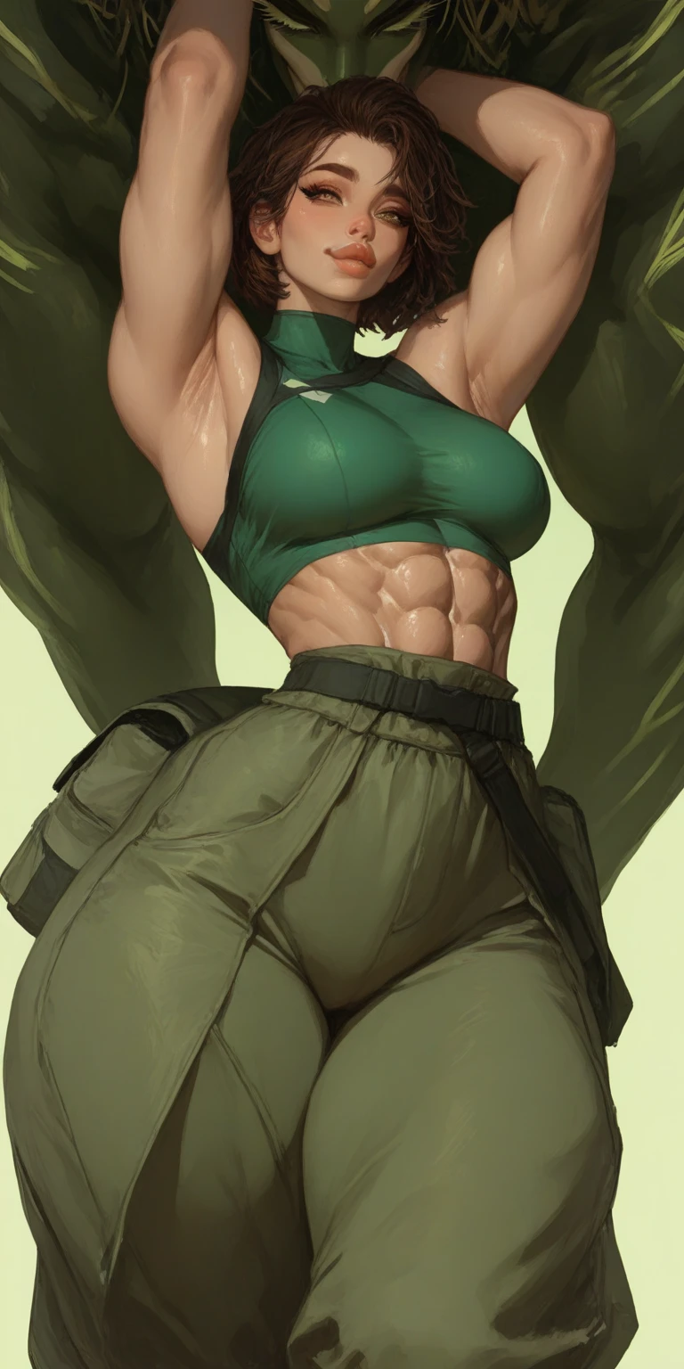 Buttercup from Powerpuff Girls as a Violent Mature Themed Action Anime, bloody battle damage and wear, ecchi Damaged and Ripped clothes, curvy big ass, green and black outfit, ecchiy, getting fucked roughly:1.4