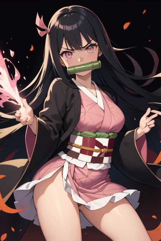 (masterpiece, best quality:1.2), 1girl, solo,standing_split, masterpiece, (pink kimono), angry face, good lighting, low-cut, fine details, masterpiece, glowing eyes, 1girl, black hair, gag, bamboo, Nezuko Kamado, wisteria background, masterpiece, best quality, POV, whole body, wide hips, pantie