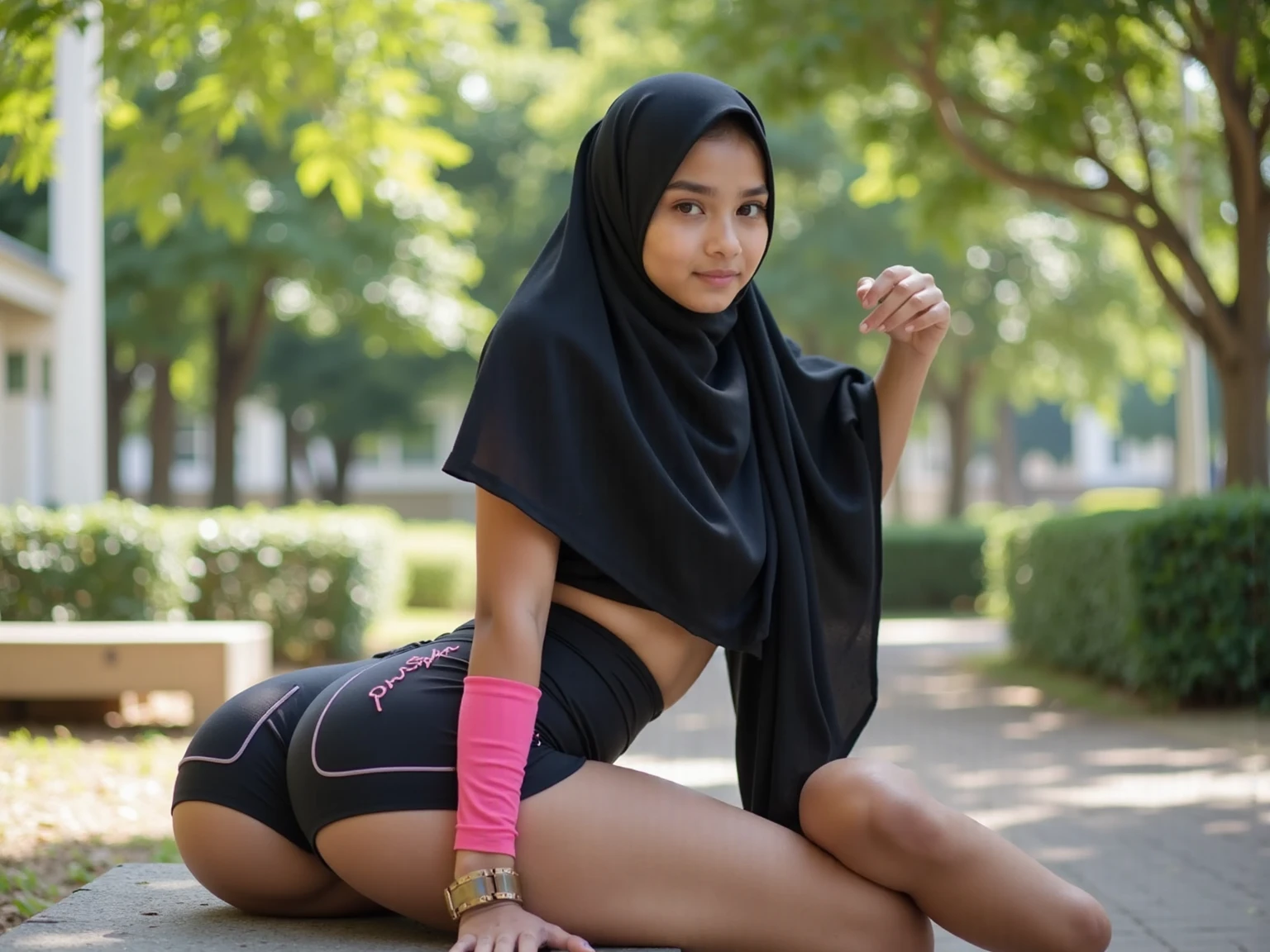 RAW, Best quality, high resolution, Masterpiece: 1.3), Beautiful malay woman in adidas sports outfit wearing bawal style hijab, non naked, wearing jersey outfit, flawless face, cute face, pretty malay face, beautiful white teeth, Masterpiece, Perfect plump body, full body, sweaty crotch, medium height girl, sexy soccer outfit, ((beautiful face)), ((wearing black bawal style hijab, wide and long hijab)), beautiful big eyes, watery eyes, Soft smile, smiling, breezy, skin details, skin texture details, wide hips, thick thighs, sexy plump body, evening time, at football field, blurred background, bokeh, ((white outfit, black hijab, wearing loosed jersey sports shirt, short sleeves, wearing black handsocks, wearing tight sports panties, sweaty panties, wearing black thighsocks)), ((standing)), ((hands above breasts)), ((wearing long black handsocks))