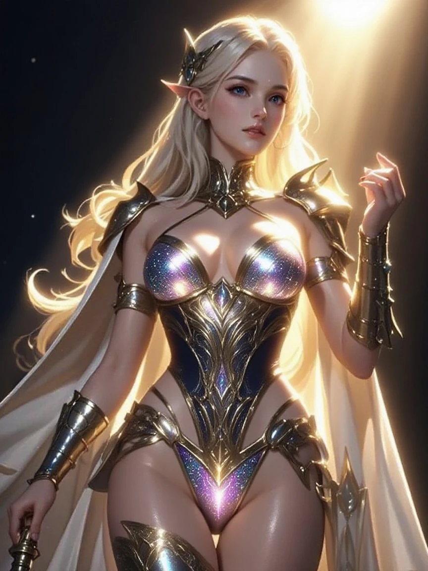 A woman with long hair and a flowing dress stands in the darkness, Blonde girl in cosmic dress, Amazing young ethereal figure, cosmic goddess, Astral appearance, galaxy goddess, Space Girl, Astral Fairy, Divine cosmic feminine power, Cosmic hair anime girl, goddess of space and time, Channeling rotational energy, A glowing halo surrounds her,Light,cleanness,Reflective,refractions,Ray traching,super-fine,Hyper-realistic,best quality,elf woman, detailed yees, detailed hands, detailed face, full body,