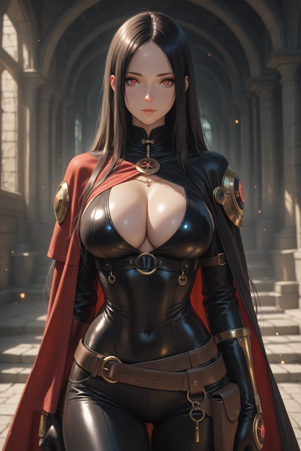 "(best quality,ultra-detailed),girl in SS uniform,dark golden hair,red pupils,long flowing hair, soldier's cap,belt with a sword,knee-high boots,iron cross medal,cape,gloves"