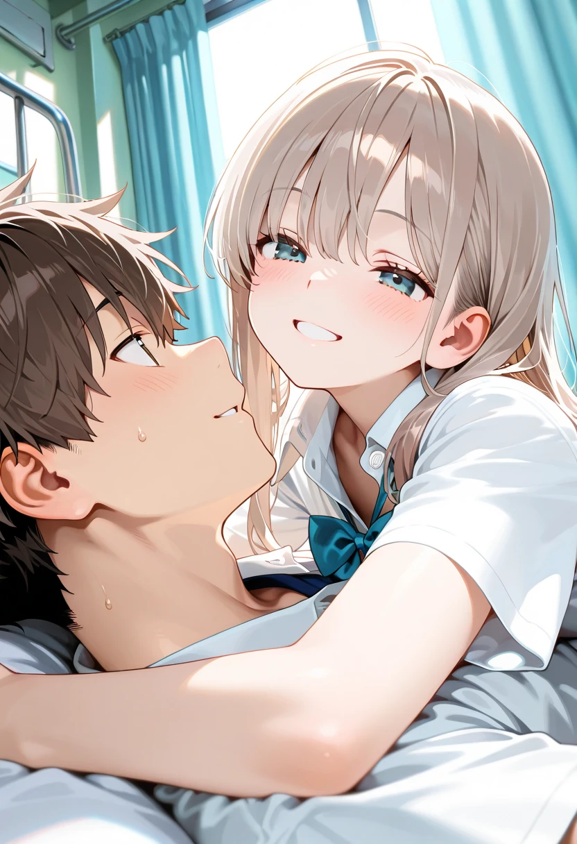 (best quality, ultra detailed:1.2),15 years old,illyasviel von einzbern,Small T-shirt,large breasts,BREAK,Displeased face,(face close up:1.2),BREAK,((1man and 1woman,fellatio,penis,))