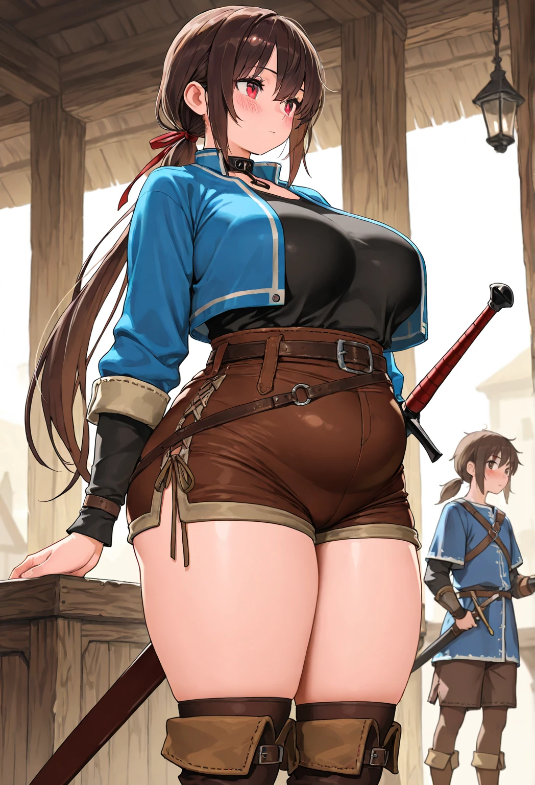 Jessica, with her large breasts, beautiful legs, shoulder-length twin tails, showing her arms and shoulders, and a mature face, is standing in a black high-cut bunny suit and fishnet stockings with her hands on her hips.。Standing next to Jessica is a bearded middle-aged man who looks like a bandit.。in the forest。