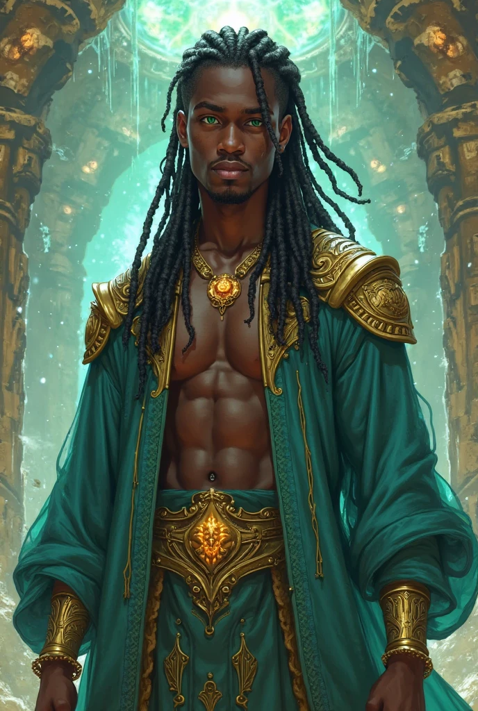 (8k,photorrealistic RAW photograph Maximum quality;1.4) (1 African boy) Super handsome king of the underworld (lifelike face) (curly black hair, hair combed to the side) slenderbody Muscular and macho big pink eyes Metallic green aristocratic suit Rainbow decoration Fangs peeking out of the mouth Pointed claws a seductive gaze Beautiful expression A hyper-realistic (King of the Underworld) appealing (real looking skin) super high resolution high détail Luxurious Dark Green Metallic Pants Rainbow aura emanating from the body effect dark green metallic cover