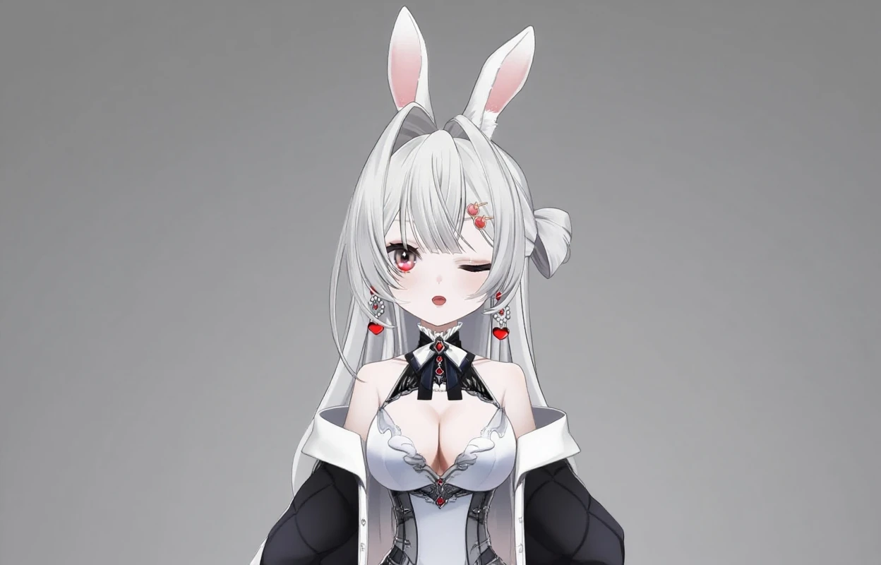 1girl, animal_ears, bangs, blush, gigantic breasts, gigantic areole, gigantic nipples, cleavage, dress, fake_animal_ears, hair_between_eyes, heart, huge_breasts, long_hair, rabbit_ears, red_eyes, solo, very_long_hair, white_hair, masterpiece, highres
