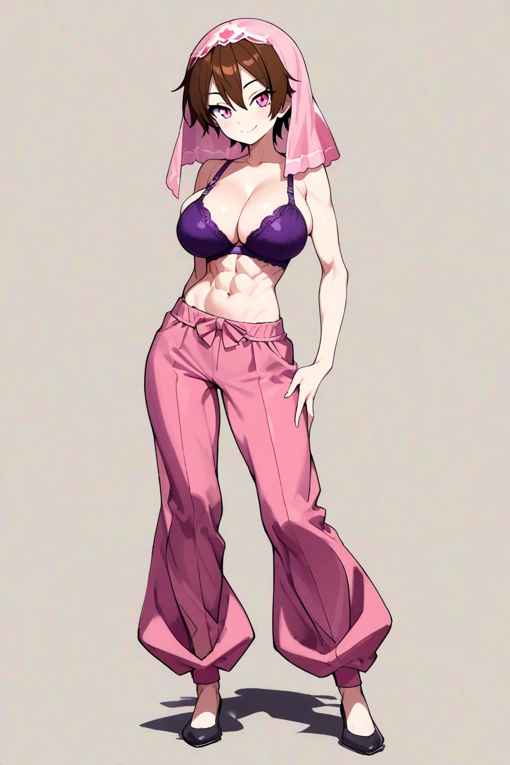 masterpiece:2, best quality:2, highly detailed:2, 8k, gradient pink background, anime, 1girl\(20-year-old, ORC, grinning, evil, athletic:1.2, muscular:1.2, abs:1.2, long legs:1.4, short pink hair, big breasts, pink stockings, pink thigh boots with high heels, revealing clothes:1.2, slender waist, tight butts, beautiful face, red eyes, dynamic pose\), full-body image:1.2