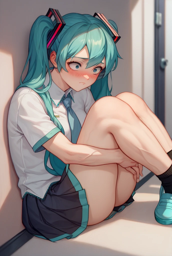 (masterpiece, best quality:1.2), <lora:mlp_rainbowdash-10:1>, 1girl, mlpdash, rainbow hair, purple eyes, flat chest, white sports bra, small ass, white sports panties, sitting, covering breasts, :c, (angry), (frown), classroom