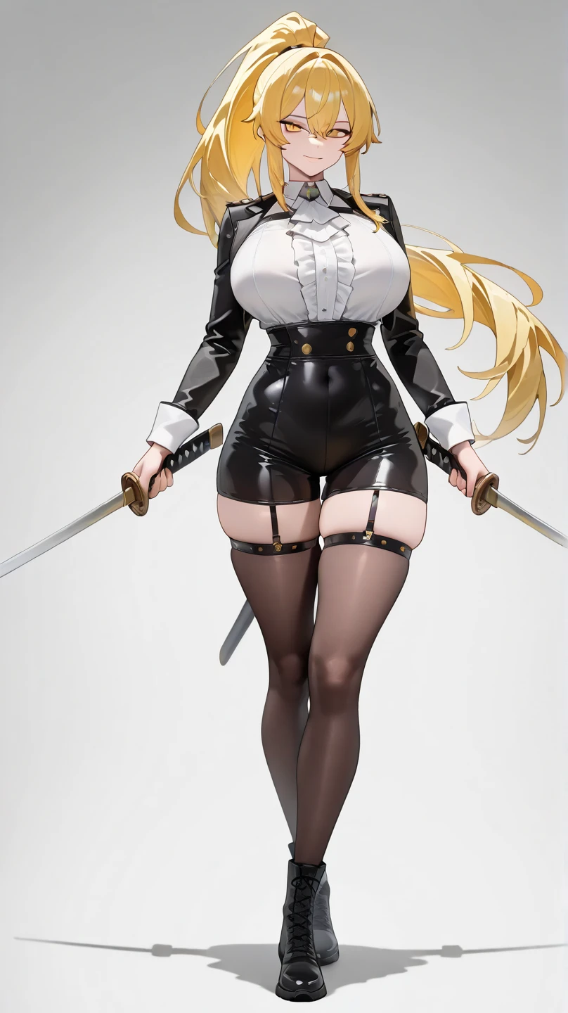 A woman,Long blond hair,Red eyes,Wear a black military cap,Wearing a black bikini,Long legs,Nipple protrusion,Twenties,exposed,Black high heels,Huge breasts,超级Huge breasts,Standing