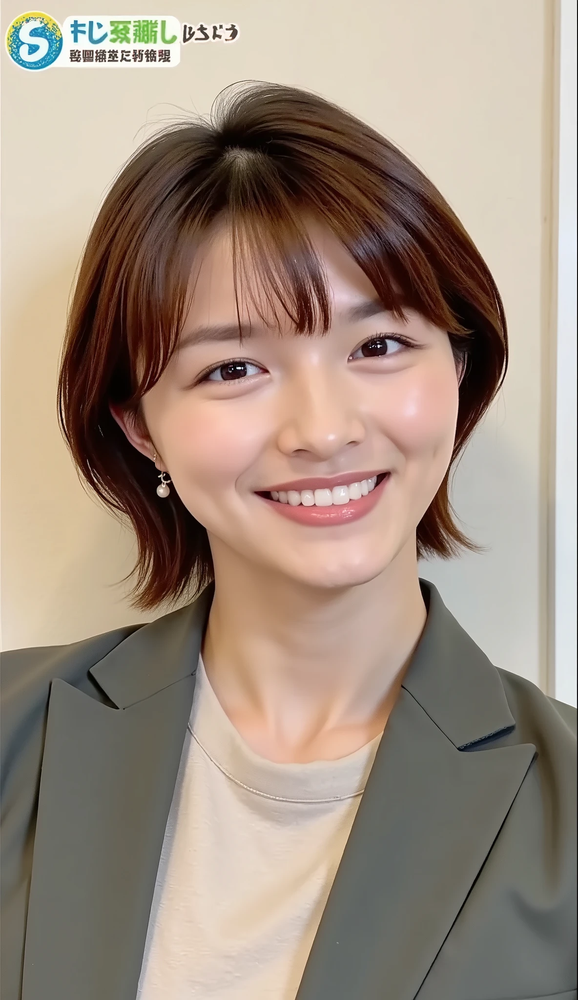 Neat Young Woman、and look at the camera、office lady suit、jacket、shirt、ネックレス、、ear piercing、、smile showing teeth、背景はオフィス