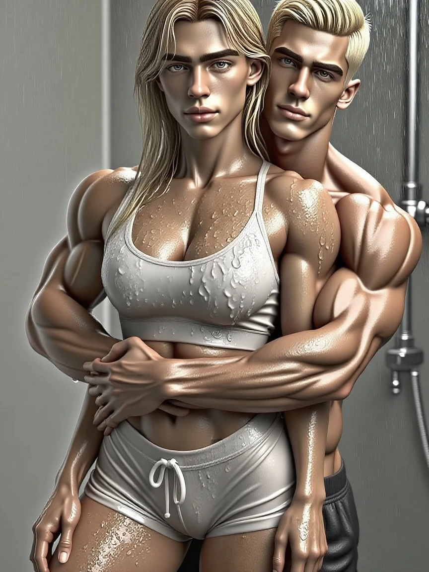 couple, 1man, 1girl, she blonde, blue eyes, long hair, wearing micro denim shorts and white BREAK bustier couple, 1man, 1girl, him hugging around the waist, tall and strong, (short white hair, muscular, beard, Streetwear, cargo pants, necklace)