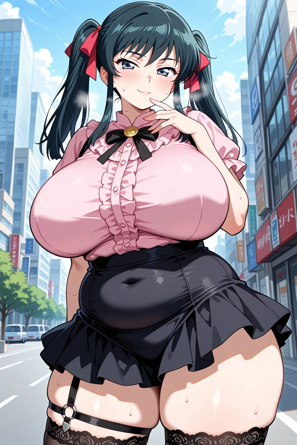 Two-dimensional girl enjoying flowers、huge-breasted、big round glasses、bbw