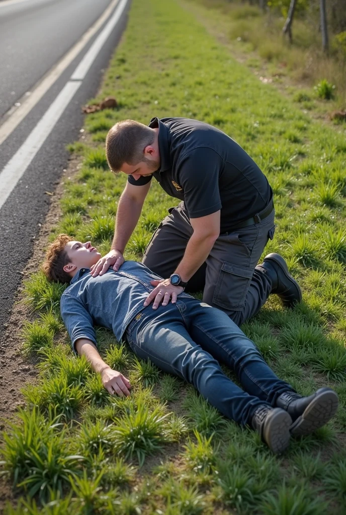 theatralic first-aid-drama, an outdoor scene in a town in the background, injury scene, a man has fallen and is lying injured on the ground, a girl is attending to the injured man on the ground, there is a beautiful and attractive girl kneeling in the grass close to a lying male soccer player, beautiful and attractive girl in a very high shine down coat, beautiful and attractive girl is giving treatment to a wounded man in a street, accident, first aid, help to a wounded man, first aid for an injured male, an injured man on the ground in matte jeans and cotton shirt, a man in jeans and shirt is lying on the ground wearing in intense pain, there is an injured man lying in pain on the ground and covering his agonised and suffering face with his hands, beautiful and attractive girl is giving a massage to an injured man who is lying in pain on the ground, beautiful and attractive girl is wearing very shiny waterproof clothes, dramatic action scene, hyperrealistic, photorealistic, photo, ultra realistic, theatralic pity pose, celebrating first aid, beautiful and attractive girl is looking very concerned and sad, beautiful and attractive girl has tears in her eyes, beautiful and attractive girl is shouting out angry