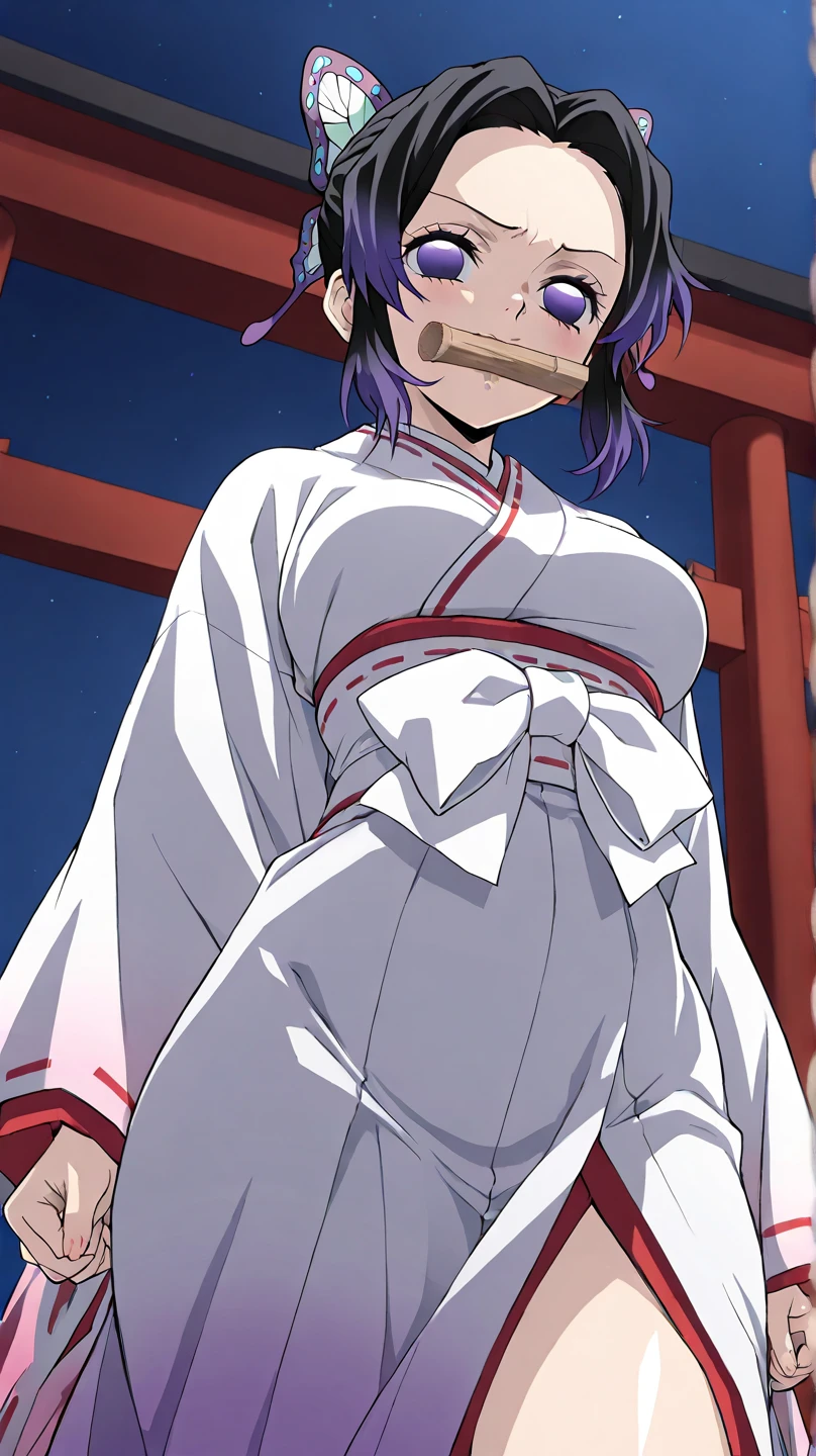 Shinobu Kocho, 1girl, beautiful detailed eyes, beautiful detailed lips, extremely detailed face and features, long eyelashes, half nude, ripped kimono, sexy, hot feet,detailed background, cinematic lighting, highly detailed, 8k, photorealistic, masterpiece , anime style ,