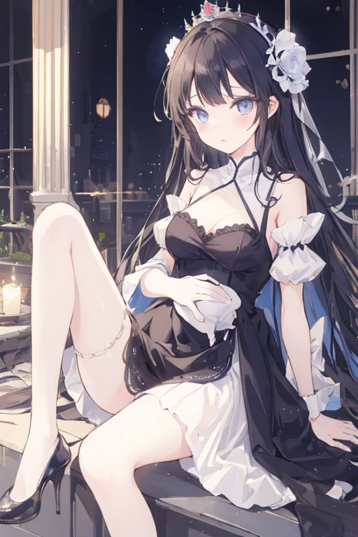 Best Quality, masutepiece, Portrait, , 1girl in, Kotegawa Yui, Black hair, Long hair, Long bangs, Brown eyes, medium udder, ((chies)), Looking at Viewer, Smile,Photo from below、((weddingdress))、((pantyhose))、((Show panties))、