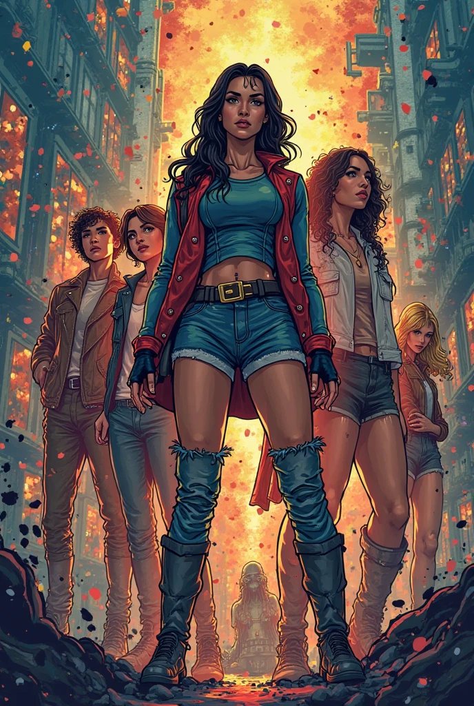 2 characters standing together, a shorter young man with red hair and peach skin dressed in leather armor with black eyes is berating a taller dark-skinned girl with horns in her head, curly red hair and red eyes wearing a short leather jacket, a crop top and torn jeans