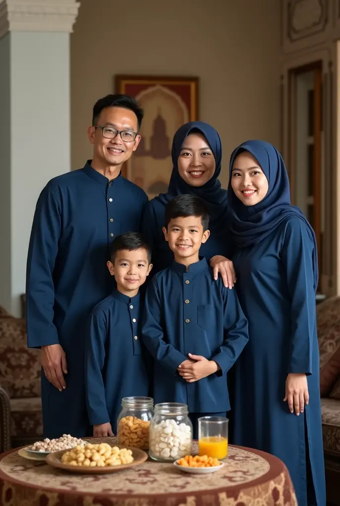 Studio photo of a family of 6 people Grandfather, grandmother father mother and 2 children wearing Muslim clothes with the same motif. grandfather aged 63 grandmother aged 58 father aged 35 years with thin and neat hairdo, mother aged 31 years wearing a hijab that matches the clothes, son boy and boy wearing matching clothes, black background