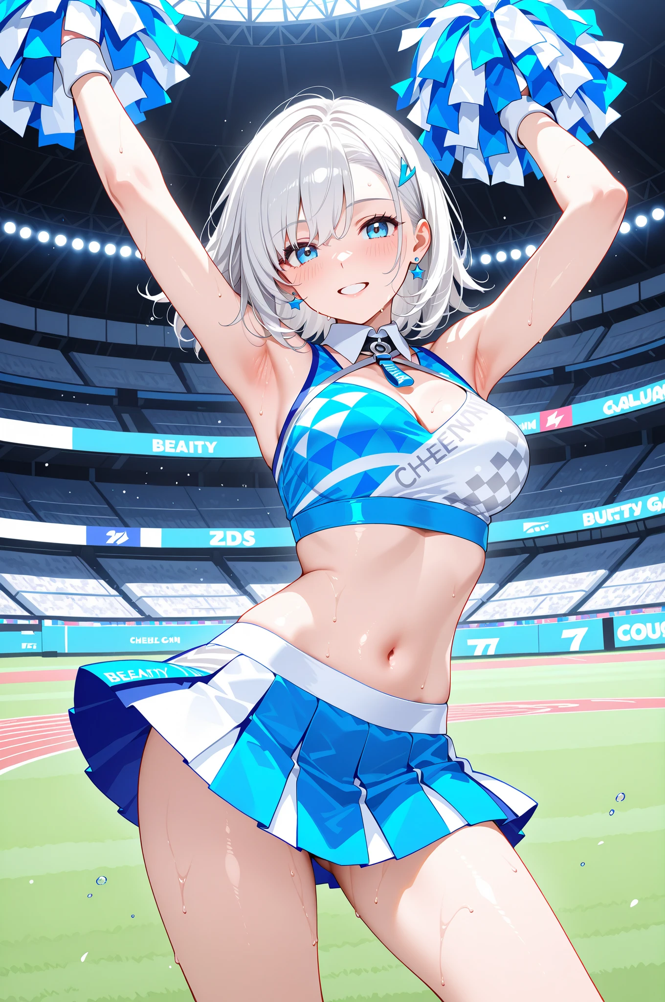masterpiece, best quality, highres, idolmaster cinderella girls, 1girl, grey hair, short hair, blue eyes, large breasts, pom pom \(cheerleading\), cheerleader, blue skirt, mini skirt, blue camisole, smile, open mouth, spread legs, stadium, cloud, cowboy shot, (from below:1.2)