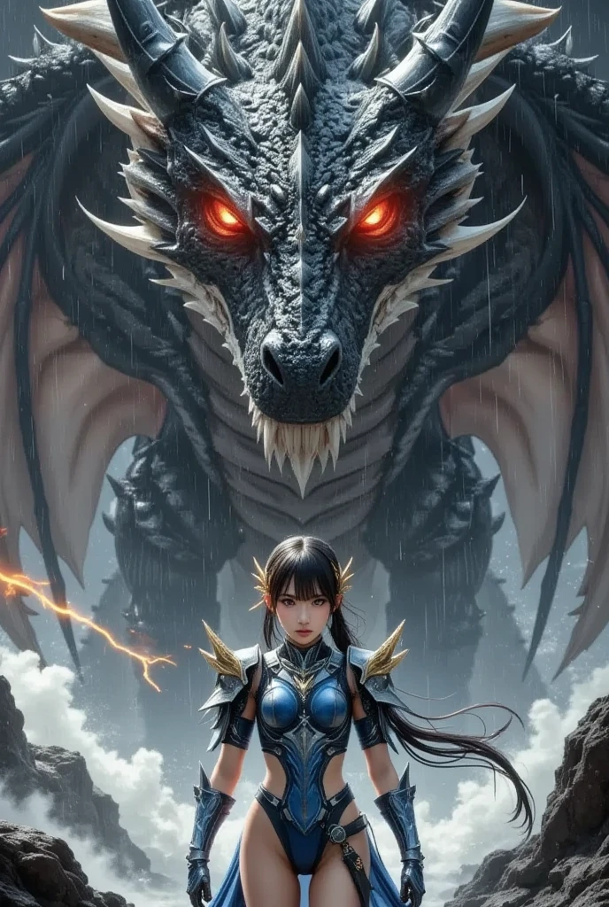 Master level work, top quality, ((best face)), ultra high resolution, (photorealistic), 
(detail of face and eyes) Close up (beautiful Japanese girl standing on a giant white dragon) holding a bow, blood everywhere, fire. On the beach, there are stormy waves and water splashes everywhere.Dark clouds rain and magic lightning Tornado, disaster Rainstorm wet skin, muddy, cuts, wounds, Spitfires, explosions, By the sea, there are storm waves and splashes everywhere.Dark clouds and lightning Tornado, disaster Rainstorm wet skin, muddy, wounds, wounds, Spitfire, explosion, ,