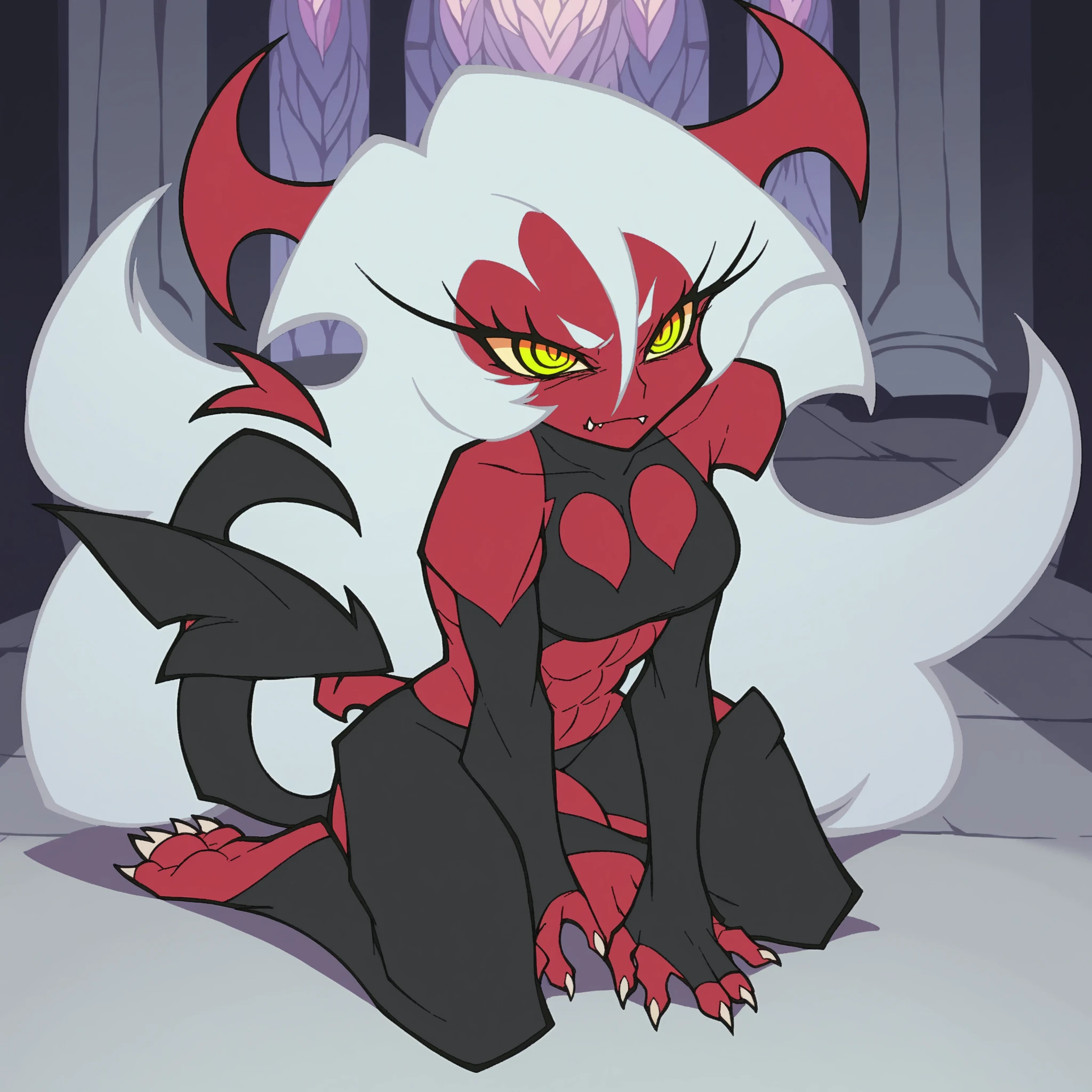 Lamia girl, white long hair, oni horns, red skin, gigantic demon wings, gigantic muscular body, gigantic penis with big balls, 4 arms, full body.