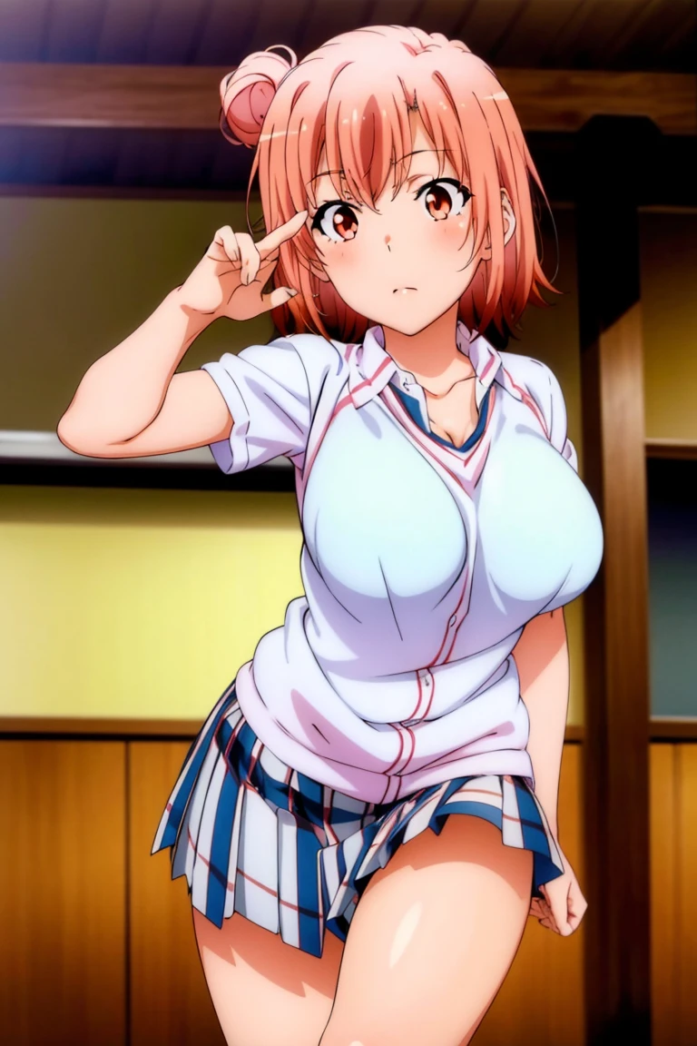 ((masutepiece, Best Quality, hight resolution, nffsw, Perfect Pixel, depth of fields, 4K, )), 1girl in, Solo, , Beautiful anime girl, Beautiful Art Style, close up, Looking at Viewer, Perfect body, Yuigahama Yui, Short hair, single hair bun, pink hair, (large boob), Full face blush, Smile, thighs thighs thighs thighs, sailor outfit, cleavage, hands behind head, white background, cowboy shot, Focus,