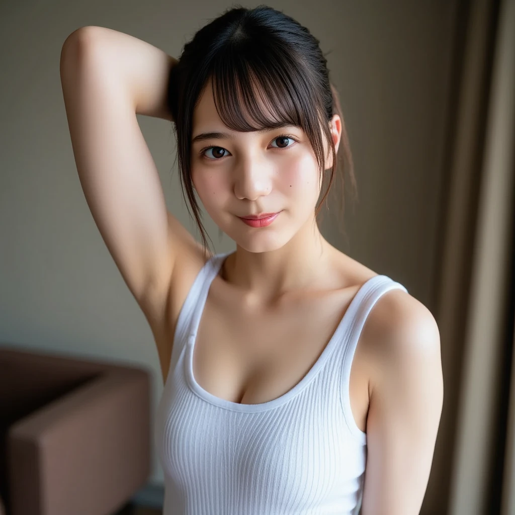(Highest quality:1.4),(masterpiece:1.4),(Realistic:1.4),(Realistic:1.2),(超High resolution, RAW Photos:1.4),(High resolution, Ultra-detailed:1.2),(8k:1.2),Cinematic photography,a photo of a dark-haired,One girl,alone,wear ,((Japanese female warrior))、((Upper Body:1.3))、Raise your arms to show your sides、((Raise your arms to show your sides))