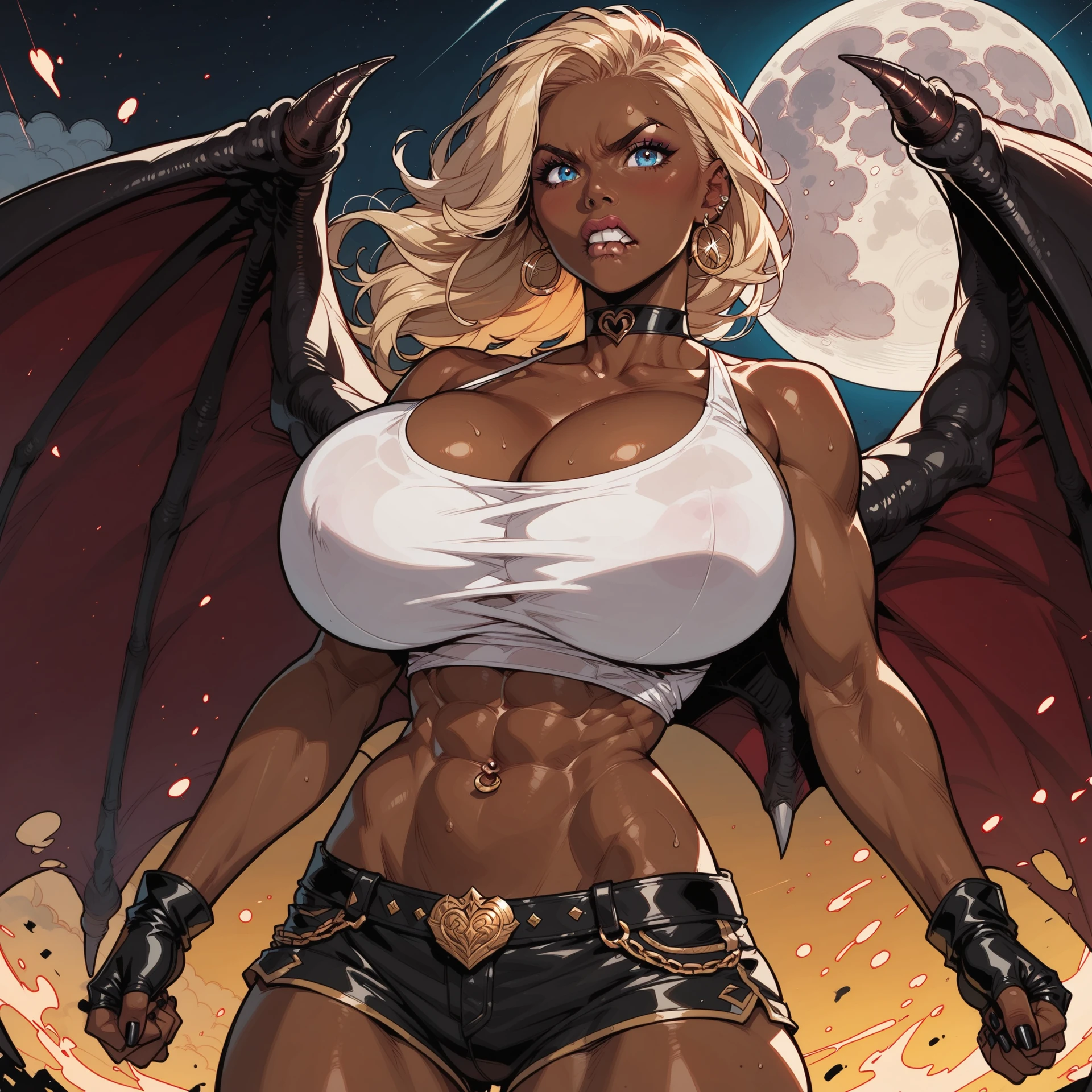 an angel, female warrior, dark background, tanned skin, blond short hair, big muscles, ((huge tits)), Nipple piercings, huge huge thighs ((((Best quality))))