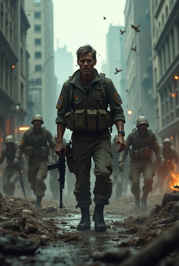 rickgrimes2024, 1 man, running, best quality, photorealistic, covered in blood, soldiers uniform, ww2, battlefield, explosions, soldiers in background, allied, d-day, normandy, war, smoke,