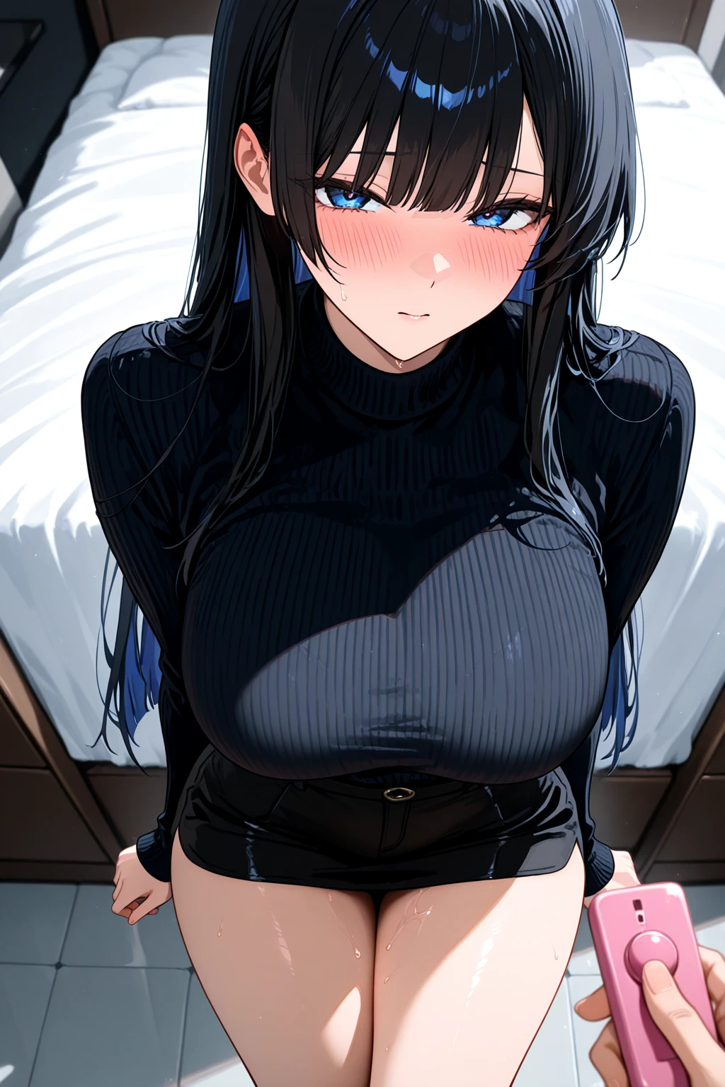 20 years old,1 girl,hyperrealistic, 8k, (extremely detailed 8k), (very delicate and beautiful), (masterpiece), (better quality:1.0), (ultra high resolution:1.0), (masterpiece, best quality), cute,black hair、virgin killer sweater, (sweater dress:1.2), ribbed sweater,sideboob,cleavage cutout, turtleneck sweater,(broen sweater:1.3),(crop top navel:1),sleeveless,gentle smile、full body,from front,huge breasts,leaning forward,breast hold,overweight,gleaming skin,kneeling,on bed