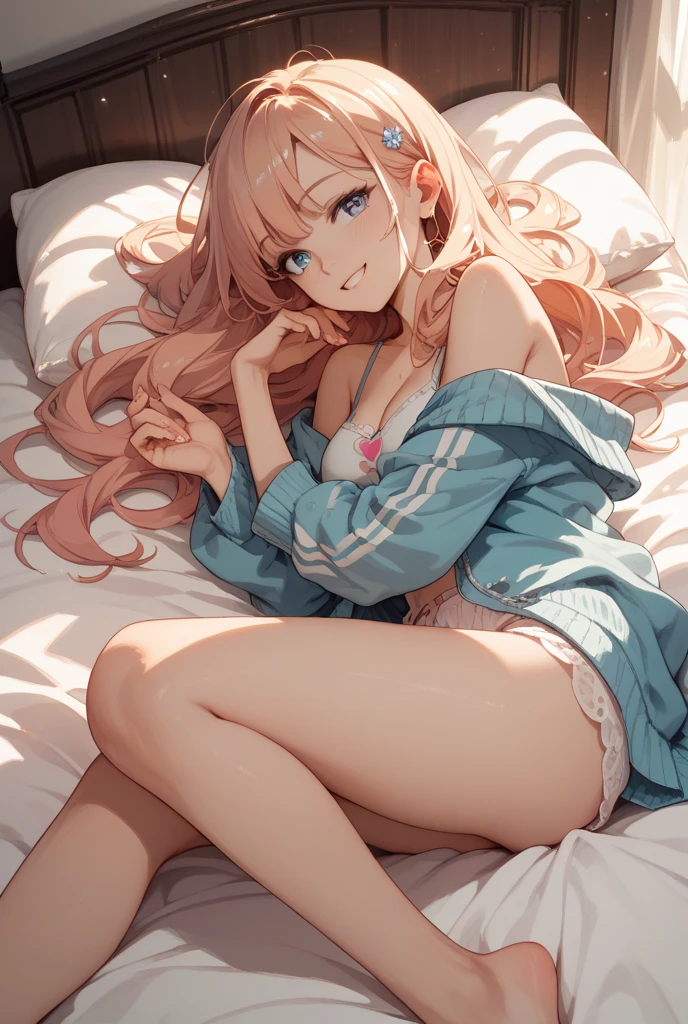 ((8k, Highest quality, masterpiece: 1.3)),Ultra-high resolution,(1 girl, alone), (Color changing eyes, Ultra-detailed, Expressive brilliance, Glitter, Glowing Eyes), Highly detailed eyes, Highly detailed face, Random Hair, ((pastel colour)),A lively young woman with pastel peach-colored hair styled into loose waves, lying on her back on her bed in her softly lit bedroom during a calm night. She is dressed in a subtly sexy lifeguard cosplay, wearing a fitted swimsuit with a deep neckline and a lifeguard whistle around her neck. The camera captures her from a top-down angle as she gazes up at the camera with a confident smile, her legs slightly apart while her arms rest beside her. The room is dimly lit by a small nightlight, with a beach towel and lifeguard gear nearby, creating a protective yet relaxed atmosphere.

