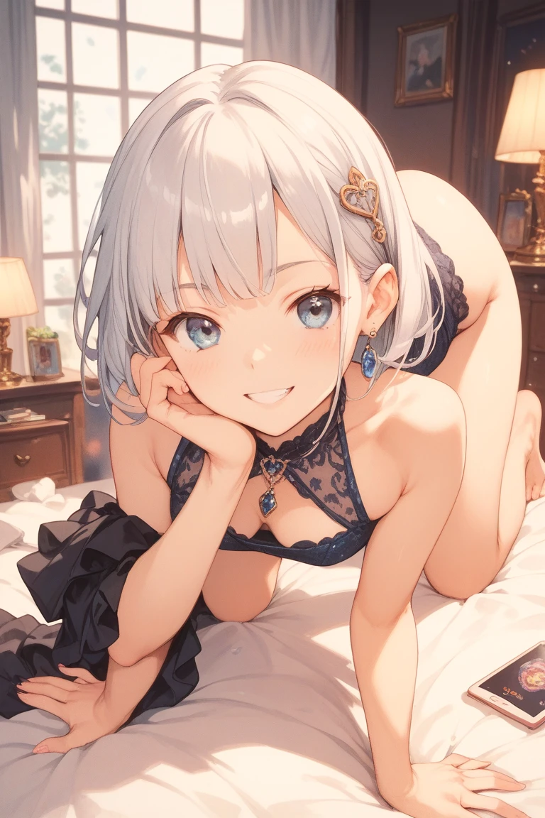 ((Biologically correct limb count))、(( Full-body photo including face))、4K、((Standing position))、masterpiece、((Focus on the face))、((Symmetrical facial features))、detailedな描写の目、Beautiful blue-haired woman、Excellent style、Beautiful clavicle、Beautiful feet、Beautiful Hands、Slender body、(Yellow patent leather blazer、flare skirt)、(Legs in black stockings, garter belts and high heels)、顔のdetailedな描写、Small earrings、necklace、(Low - Angle)、Silver Hair、((smug face)))、Close-up photo of the upper body、In the middle of changing、Panty shot、Nipples、(Lie down in bed)、最高masterpiece、high quality、detailed