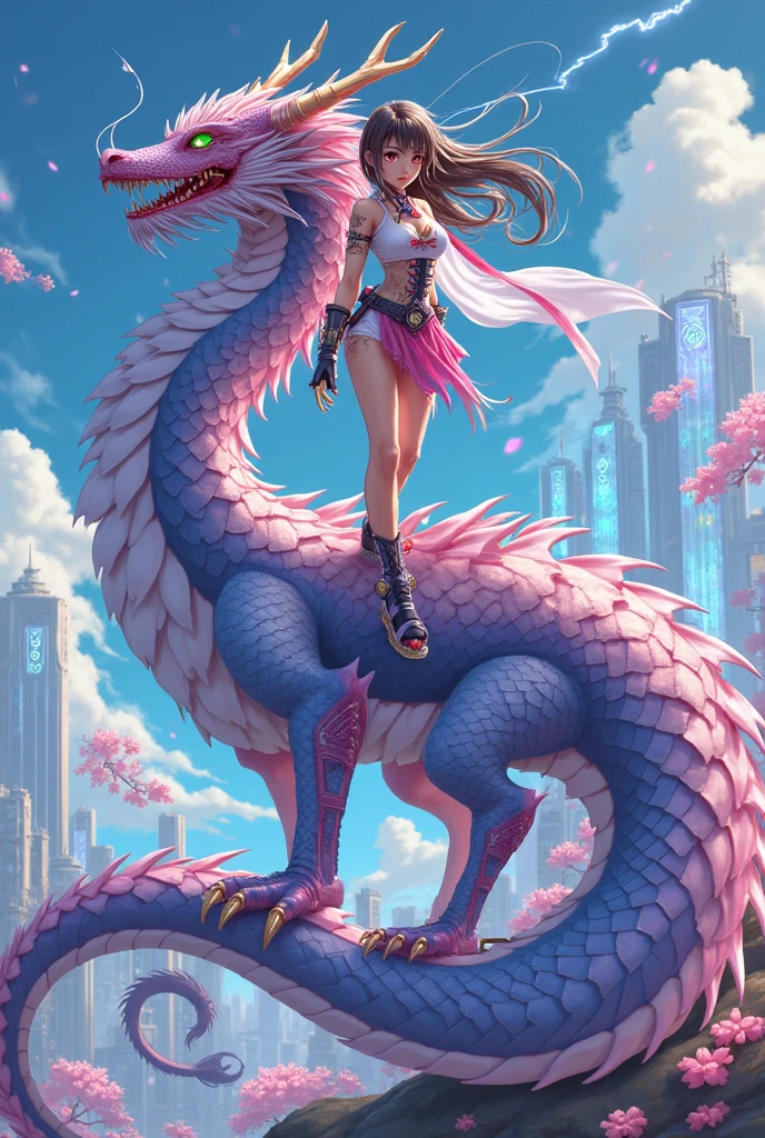 Character woman, pink haired, with white clothing with purple details, and a dragon in the background, full body, ultra detailed, anime style, animation style, just one woman.