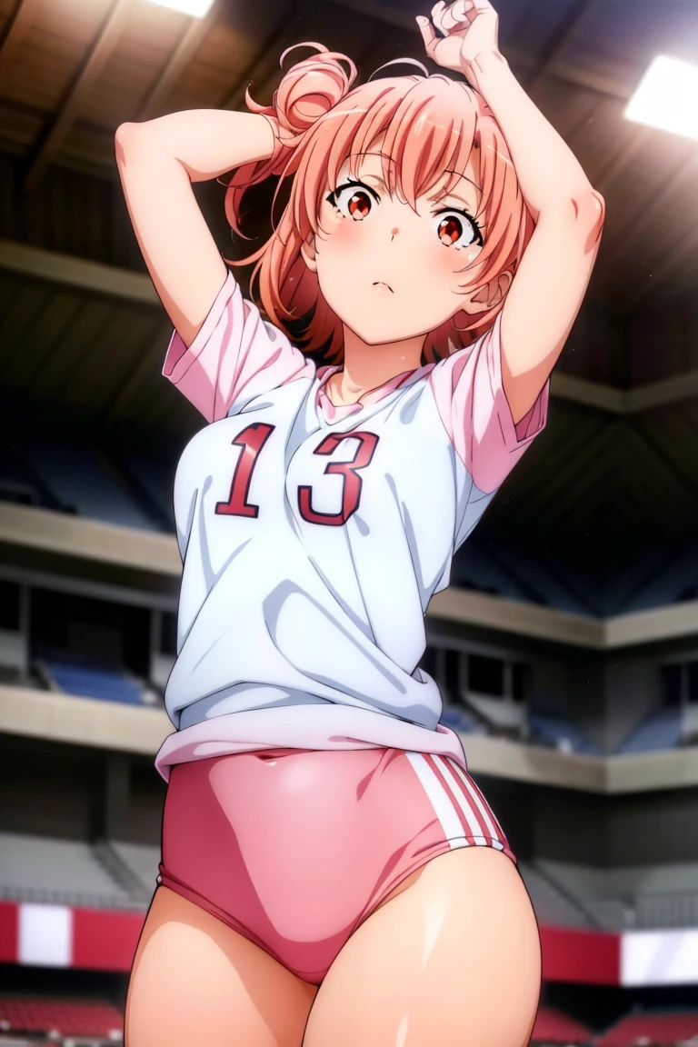 (Highest quality:1.5, High resolution, uhd, 4K, Detailed lighting, Shaders), ((Misaka Mikoto)) ,solo short hair Brown Hair Brown eyes Cool face ((Volleyball Uniforms))++ Realistic gym Sweat Super oily skin Preparing for exercise No ball ((No sleeve)) Cowboy shot Beautiful ass Side angle