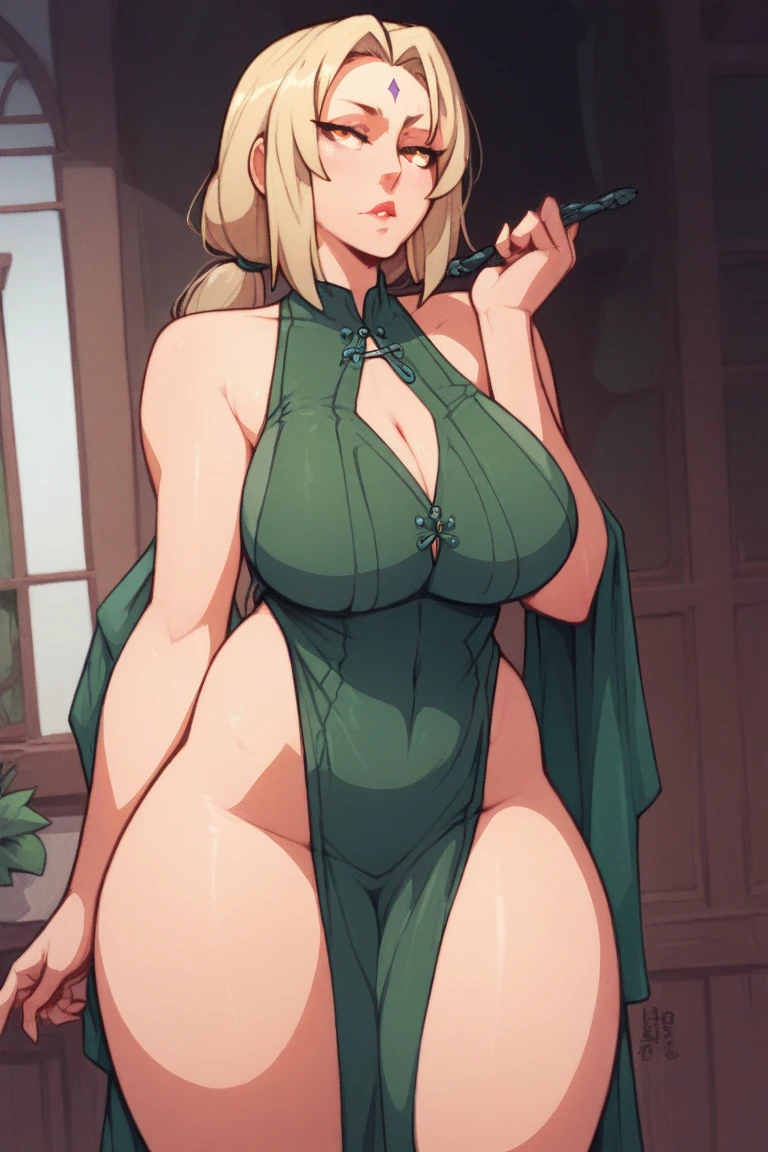 A tall woman has a big chest, long blonde hair, braids, her blue eye, she wears a green bra and a thong, thighs, sexy, big, big woman, wearing a brown boot, wearing a red steel glove.