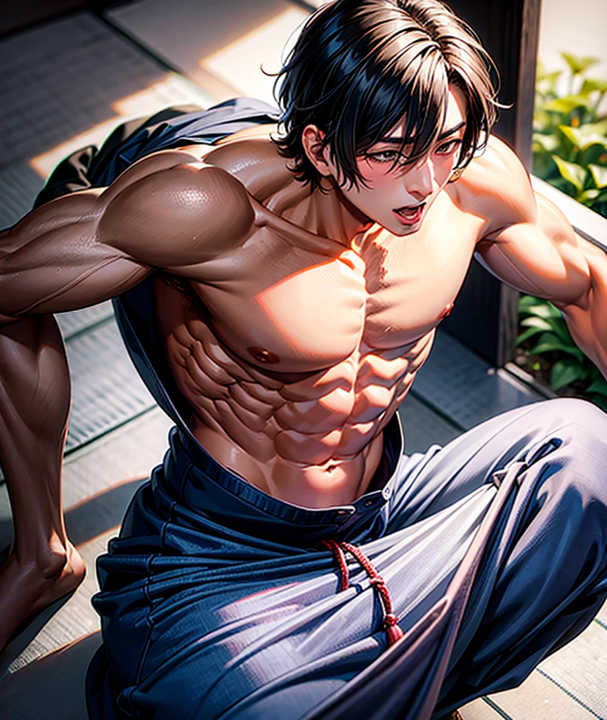 1hombre, Makoto Tachibana, Free! Nadador, toalla, desnudo, bulto, musculoso, torso desnudo, acostado, mojado, playa, sensual, sudor, sonrisa, rubor, sexi, detallado, full color, (obra maestra), (detallado), (gran calidad), (High Definition).