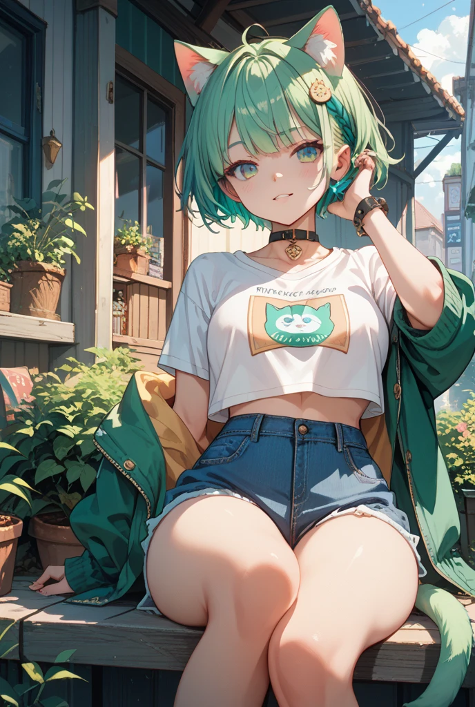 {Moist feather(hololive)}, 1girl in, Short hair, Double bun, {Emerald green hair}, {{Red Eyes}}、​masterpiece、top-quality、Very flat chest, very flat chest、小柄、Many piercings in the ears{hatred}、grimacing、irate、{Deadly}、demon king、{full body Esbian}、Sitting on a chair、Aura of Darkness、very short black denim hot pants、white tank tops、Very sheer tank top、inside in room、Blue-winged butterfly、watching at viewers、