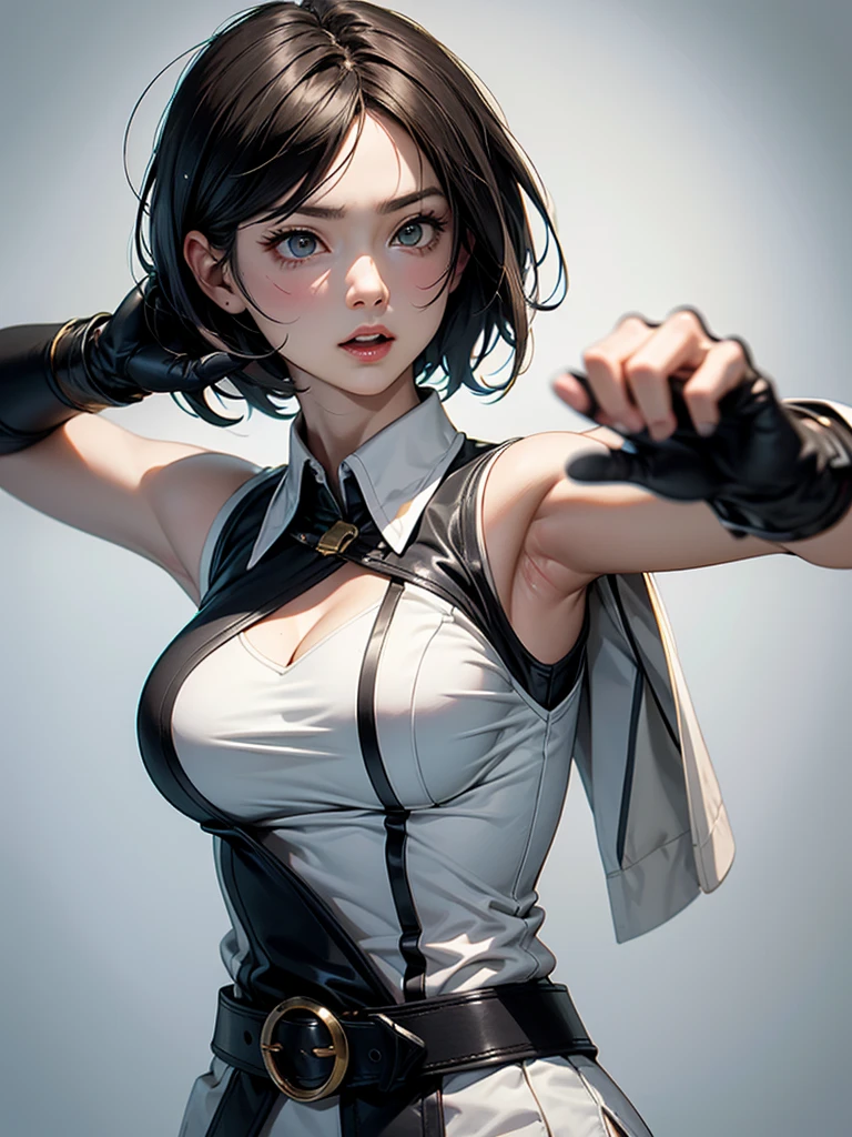 a girl in a fighting pose, short hair with long bangs, glowing yellow eyes, brown hair intense expression, strong and muscular body, dynamic movement, focused eyes, determined look, martial arts outfit, dark and gritty environment, dramatic lighting, high contrast, action-packed, powerful strikes, fast-paced movement, energetic atmosphere, adrenaline rush, dynamic composition, intense struggle, sweat and exertion, martial arts mastery, skilled combat, explosive power, breathtaking action, strong sense of movement, epic battle scene, captivating and immersive, high-res illustration, realistic detailing, dramatic shadows, vibrant colors