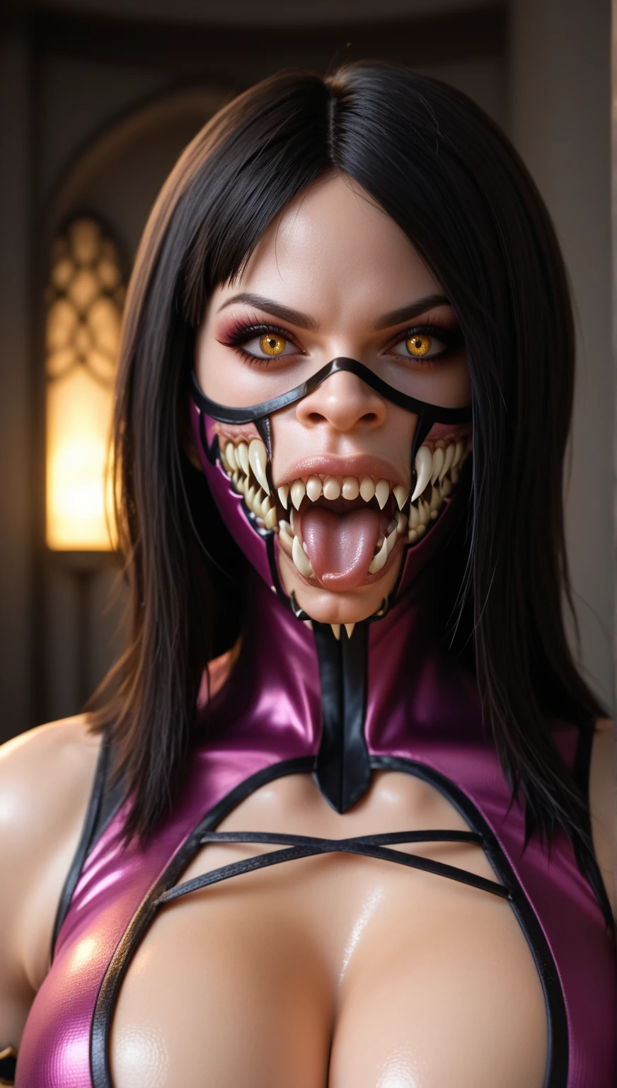 ((mileena))there is a woman with a creepy smile on her face, iu lee ji-eun as a super villain, horrifying grin. horror, horror smile, evil villain grin, scary smile, wide evil grin, hyper realistic anime, carnage fangs, screenshoxt from morbius (2022), unsettling grin, evil grin, venom fangs, dent wu