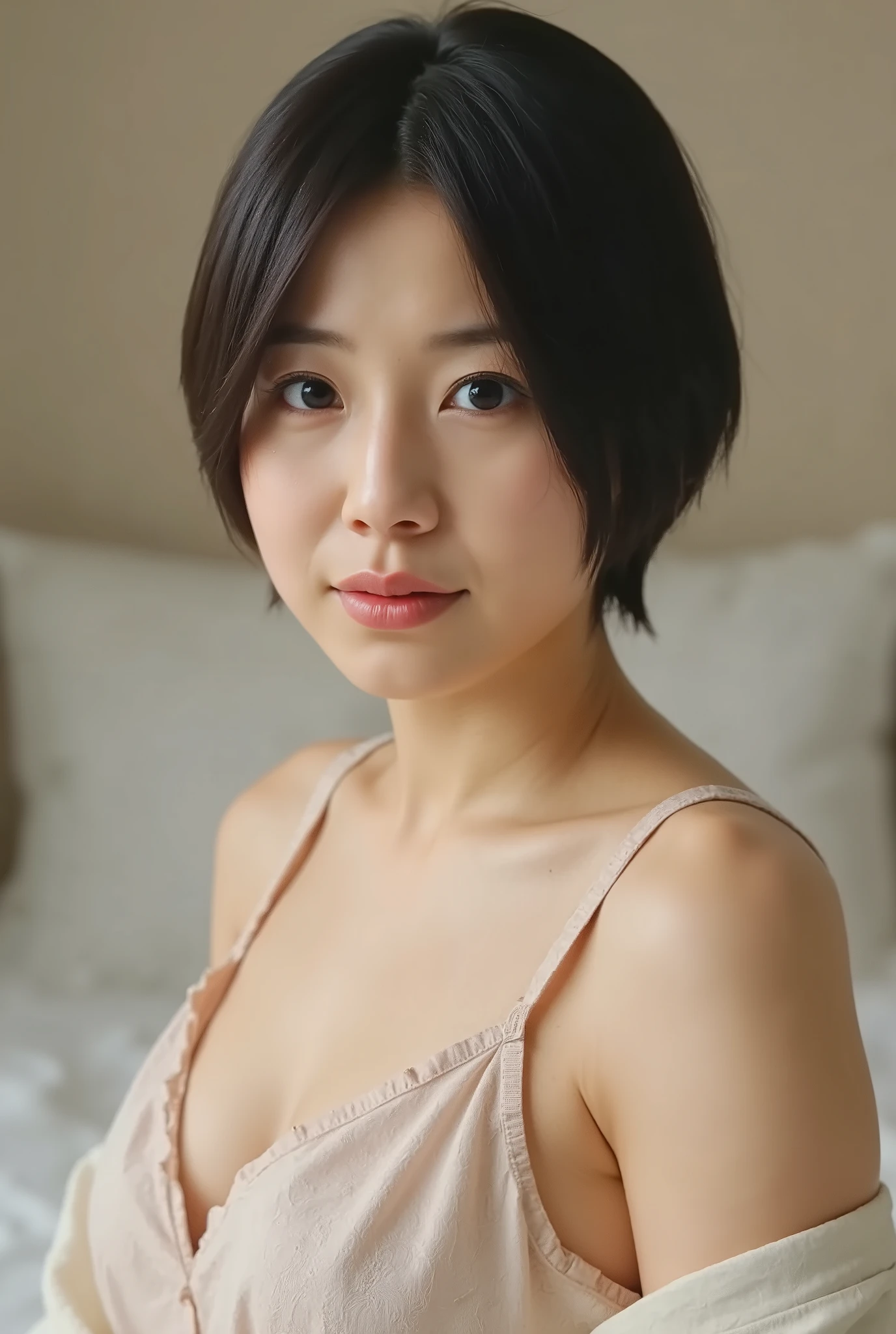 (( Premium Quality, 8k )), ((masterpiece)), ( details), Japanese girl, first-person view ,One Woman, Petite Woman , sexy,( in the bedroom),((( Very Big Breasts, Naked, beautiful breasts, short bob hair , black hair))), dark haired , (( No decoration, Without any accessories, no makeup))